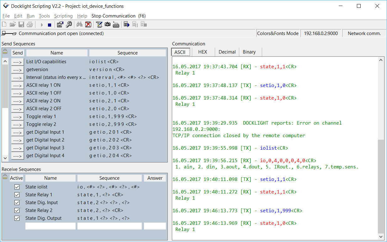 Docklight Scripting Screenshot - Testing IoT I/O application